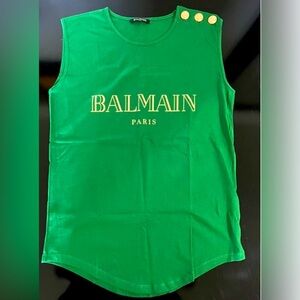 Green Balmain Paris Sleeveless T Shirt With Gold Buttons Size 36 Sm Med